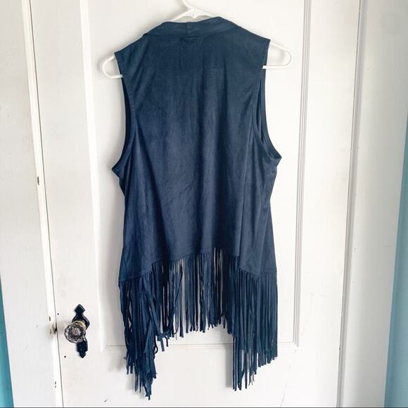 Country Faux Suede Fringe Vest Blue Accent Layer Western Style Small Waterfall S - Picture 5 of 6